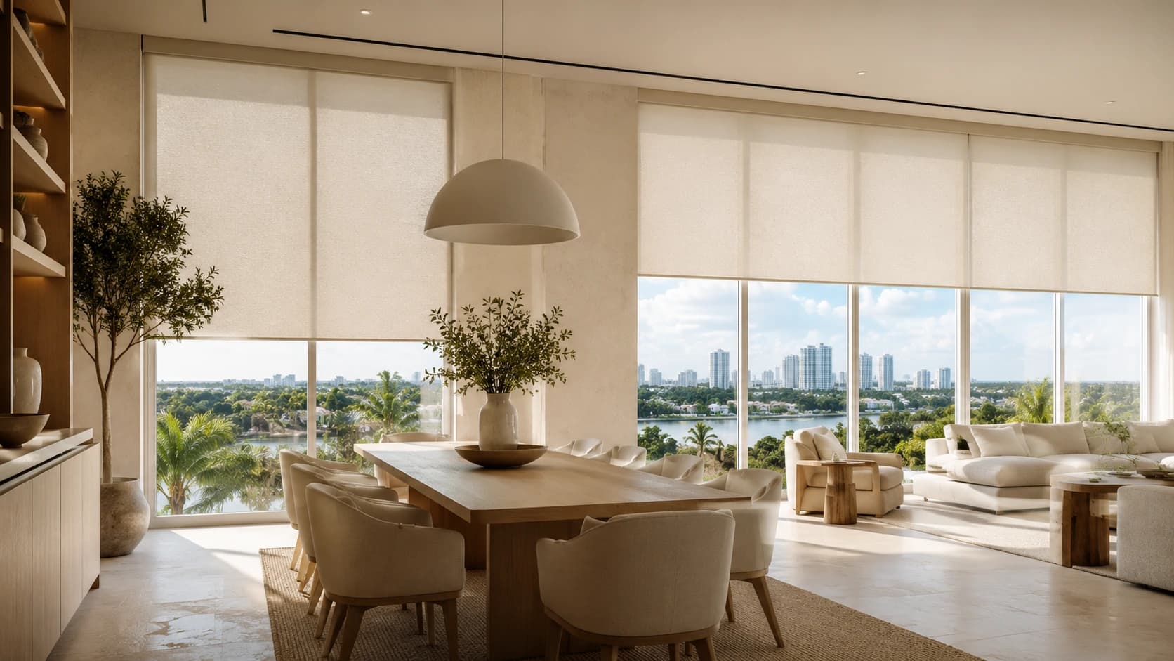 Warm modern room with neutral custom window treatments.